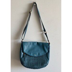 Elliot Lucca Leather Dark Blue Flap Over Woven Pattern Shoulder Bag Antique Ton